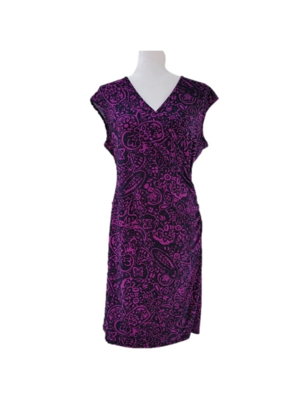 Chaps Purple Black Cap Sleeve Slip-On Faux Wrap Dress Size Petite Large EUC